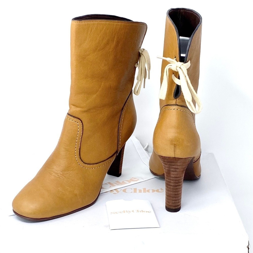 See By Chloé Boots Lara Tan Soft Calfskin Leather Tie-Back Size 40 with Box